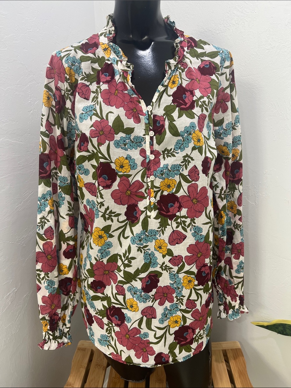 Talbots Cream Floral Button-Down Blouse with Pink, Yellow & Teal Flowers Medium